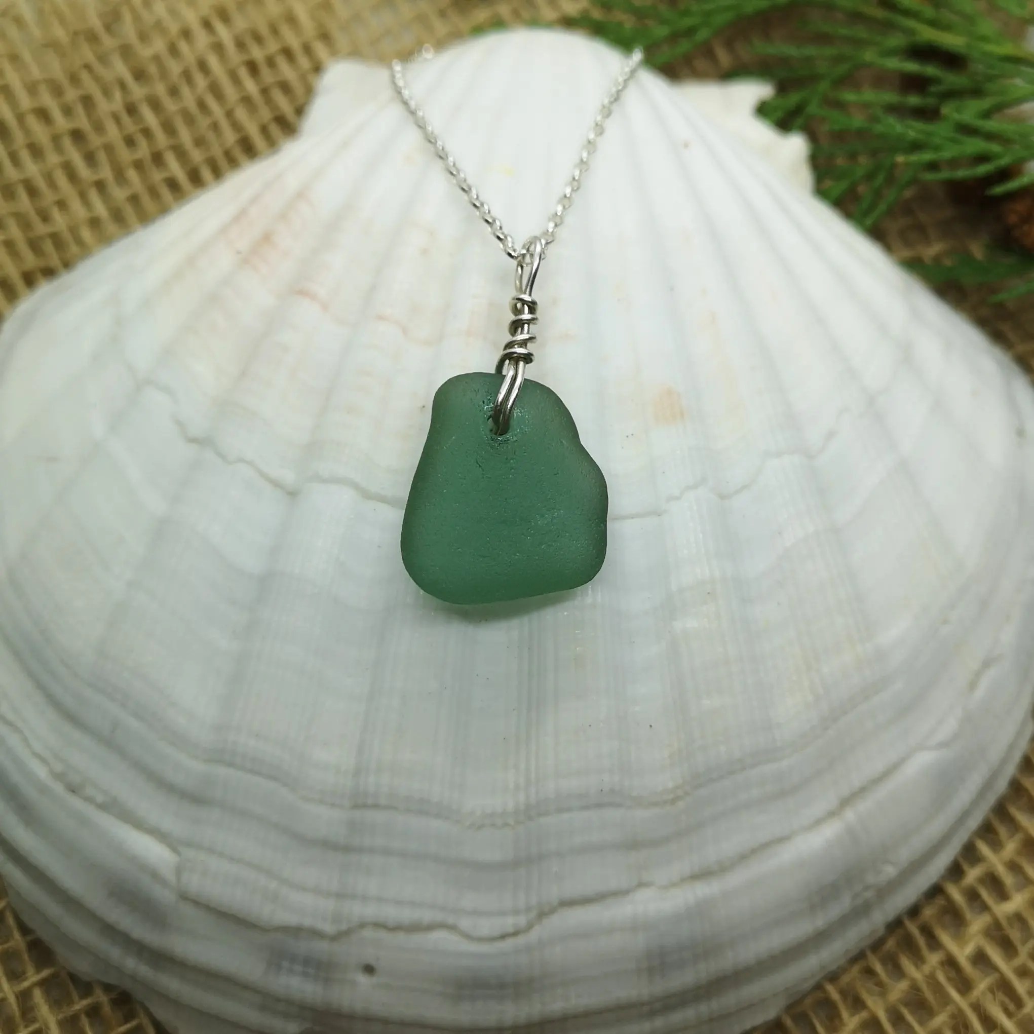 Silver Wire Wrap and Smooth Green Sea Glass Necklace