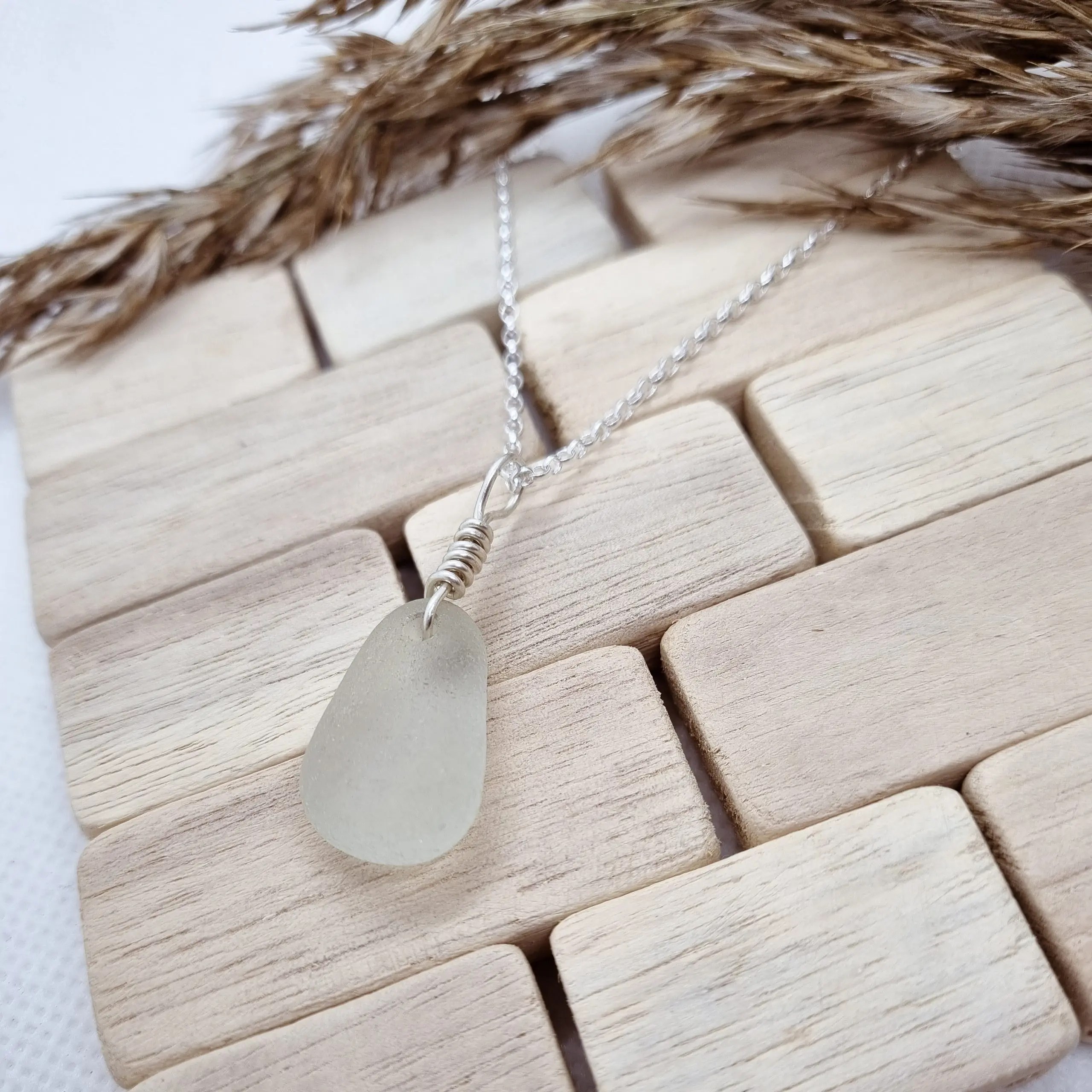 Silver Wire Wrap and Smooth Pale Sea Glass Necklace